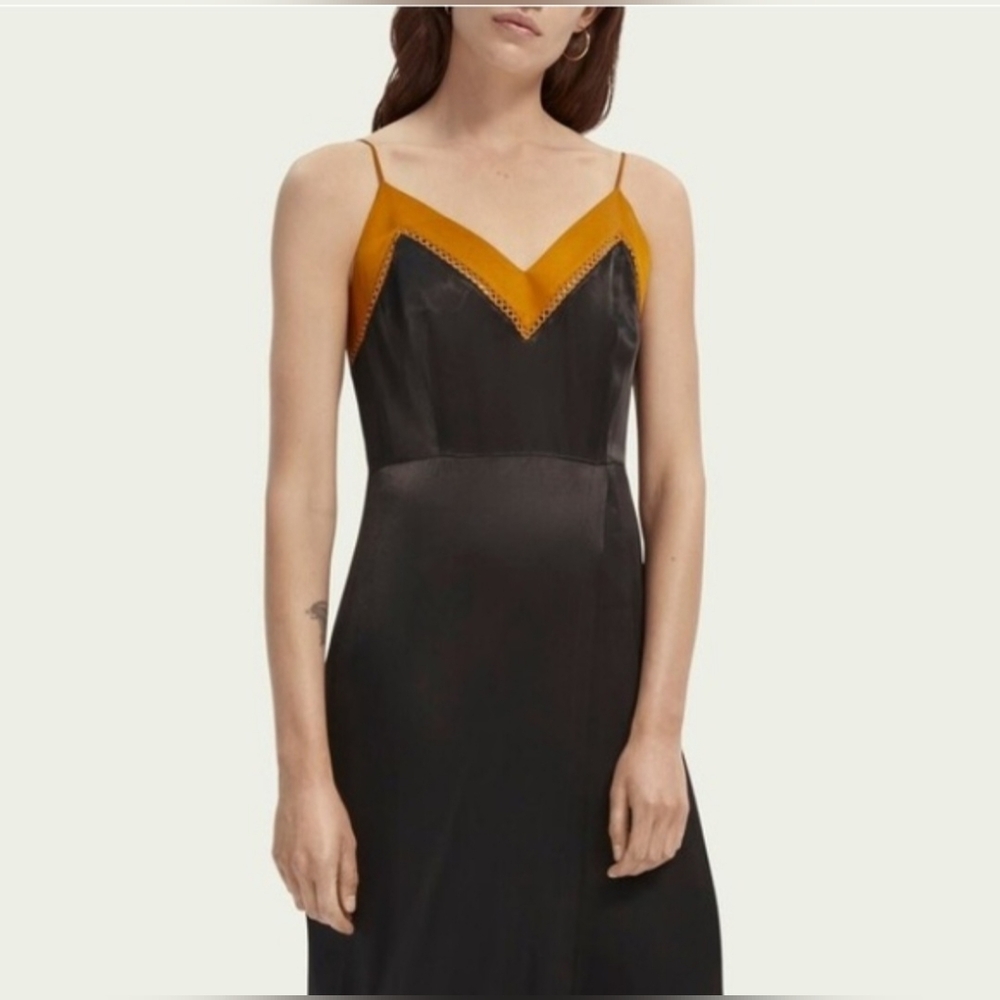 Scotch & Soda Star Watcher Midi Length Wrap Over Slip SILK Dress Black Size M - Picture 2 of 13